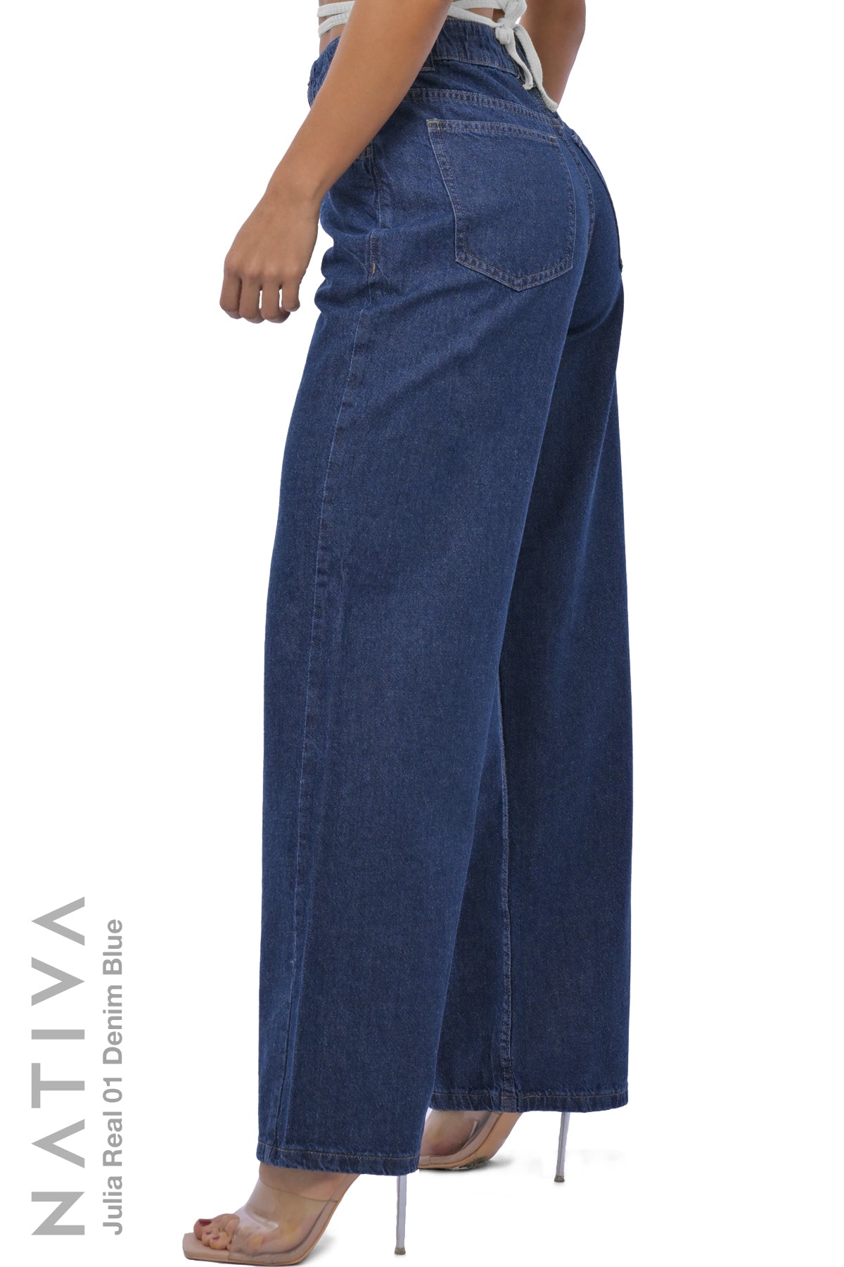 WIDE LEG True Denim Jeans, JULIA REAL 01 DENIM BLUE. Talle Alto. 100% Algodón Nativo Virgen. Rígido Auténtico e Interminable. Cintura Ajustable PERFECT FIT®