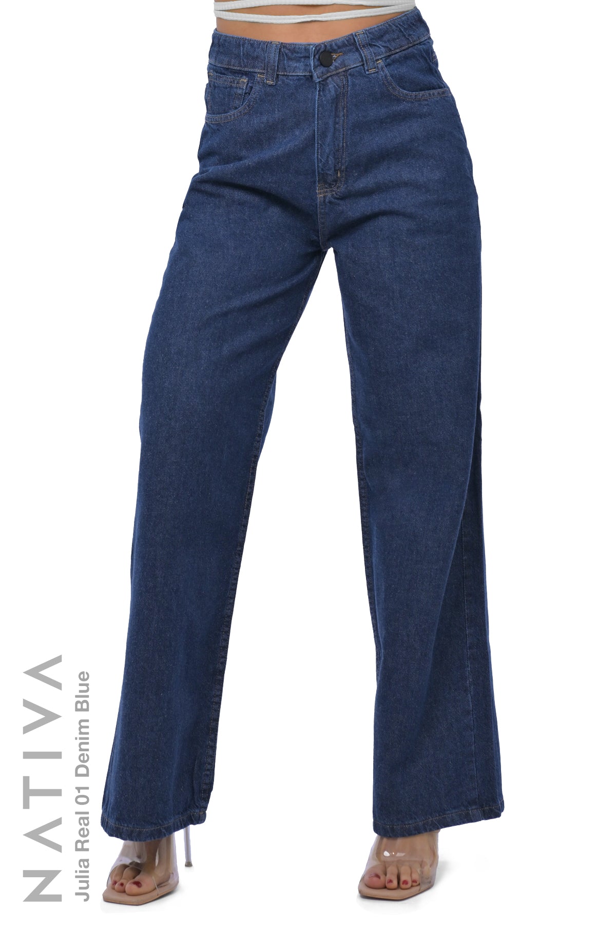 WIDE LEG True Denim Jeans, JULIA REAL 01 DENIM BLUE. Talle Alto. 100% Algodón Nativo Virgen. Rígido Auténtico e Interminable. Cintura Ajustable PERFECT FIT®
