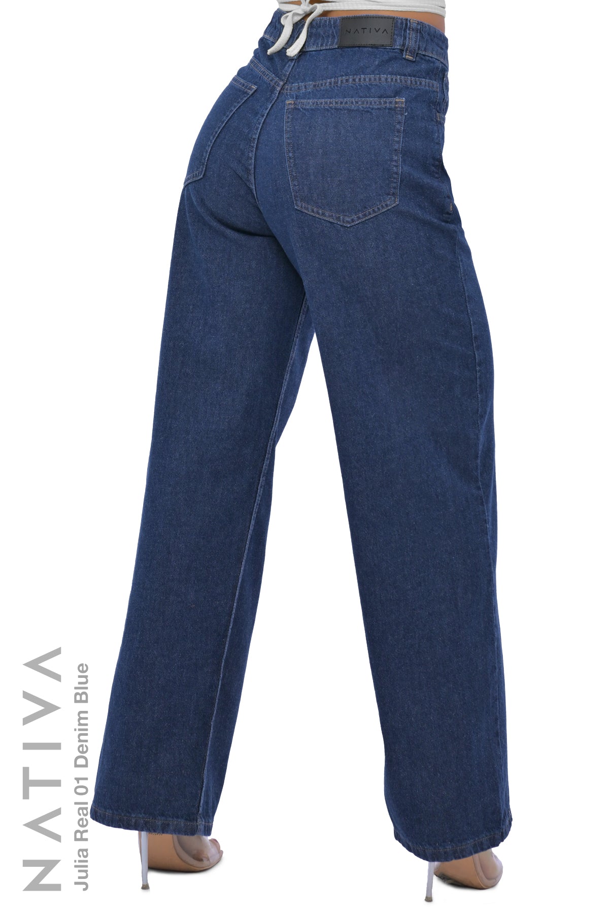WIDE LEG True Denim Jeans, JULIA REAL 01 DENIM BLUE. Talle Alto. 100% Algodón Nativo Virgen. Rígido Auténtico e Interminable. Cintura Ajustable PERFECT FIT®