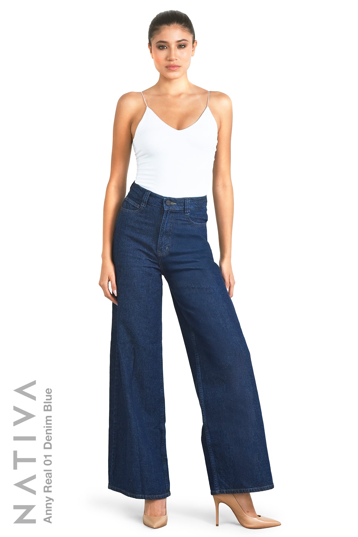 WIDE LEG True Denim Jeans, ANNY REAL 01 DENIM BLUE. Talle Alto. 100% Algodón Nativo Virgen. Rígido Auténtico e Interminable. Cintura Ajustable PERFECT FIT®