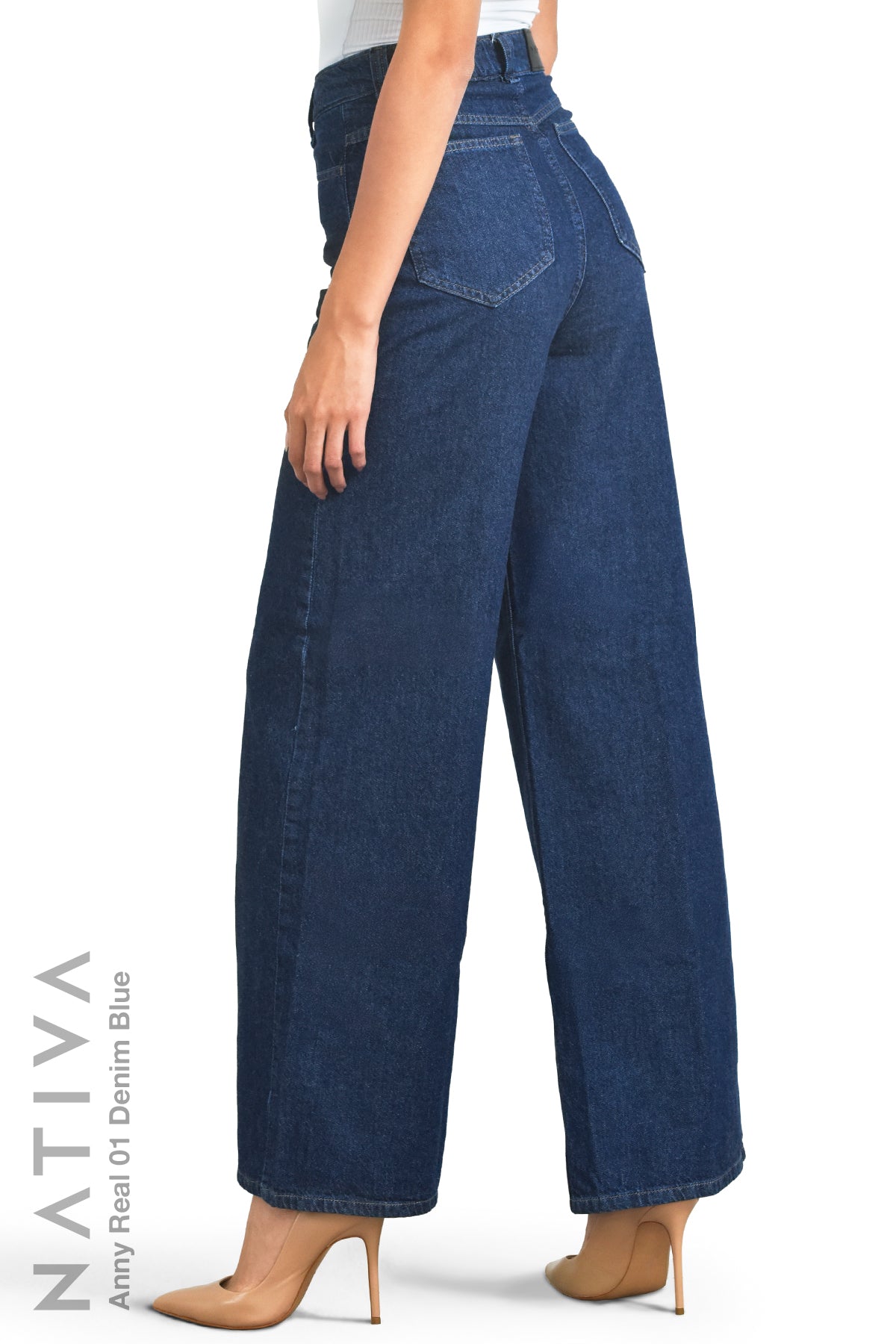 WIDE LEG True Denim Jeans, ANNY REAL 01 DENIM BLUE. Talle Alto. 100% Algodón Nativo Virgen. Rígido Auténtico e Interminable. Cintura Ajustable PERFECT FIT®