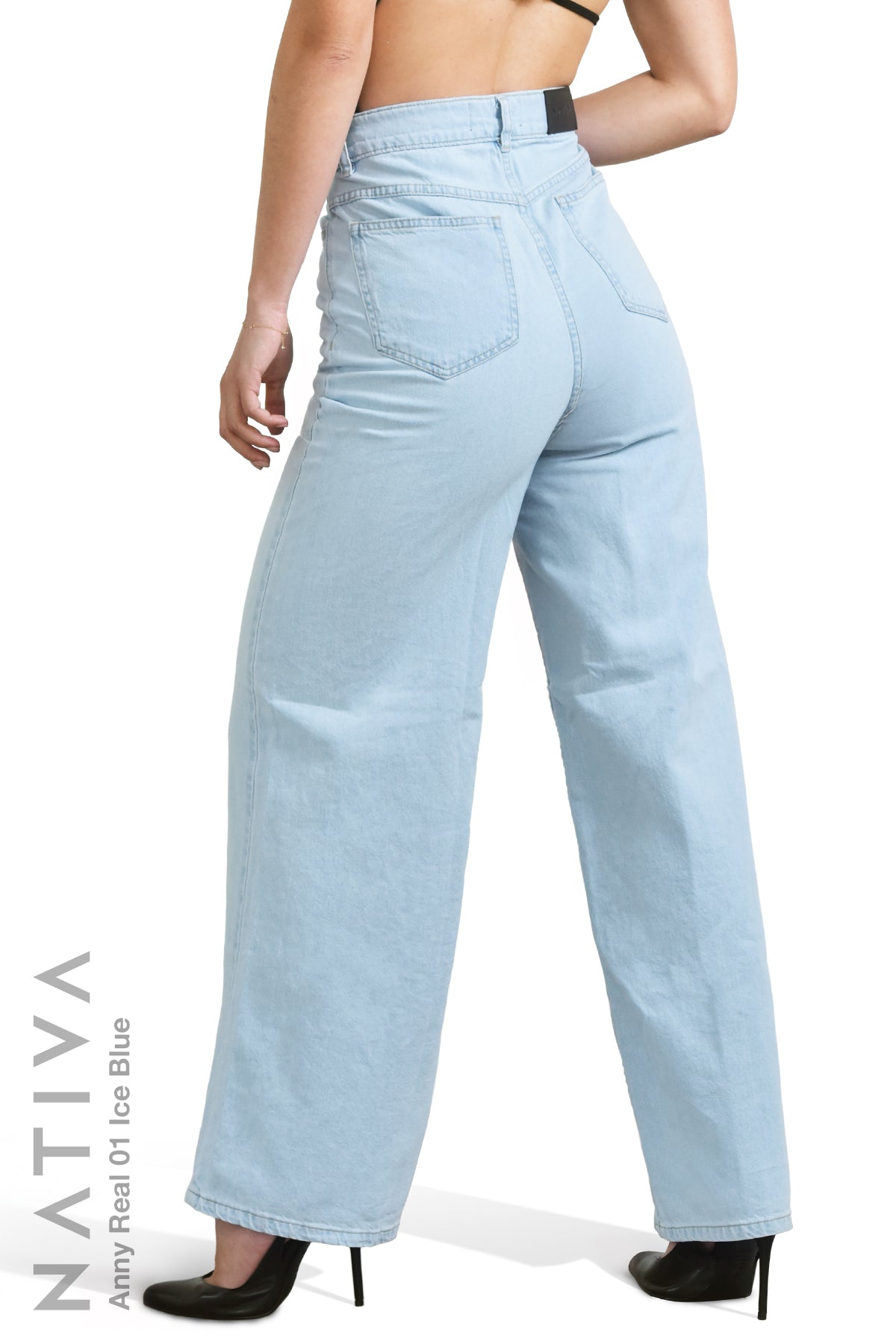 WIDE LEG True Denim Jeans, ANNY REAL 01 ICE BLUE. Talle Alto. 100% Algodón Nativo Virgen. Rígido Auténtico e Interminable. Cintura Ajustable PERFECT FIT®