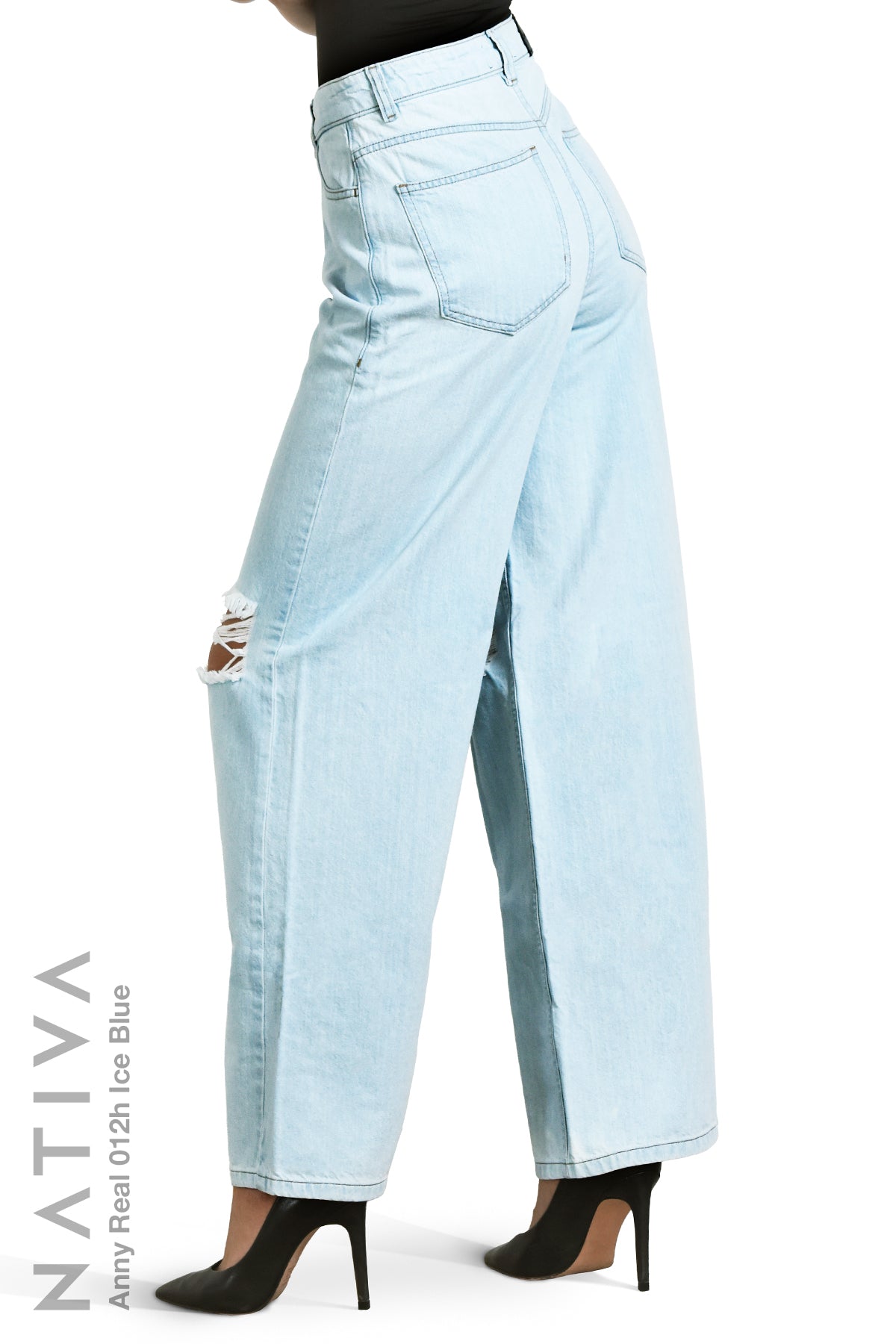 WIDE LEG True Denim Jeans, ANNY REAL 012H ICE BLUE. Talle Alto. 100% Algodón Nativo Virgen. Rígido Auténtico e Interminable. Cintura Ajustable PERFECT FIT®