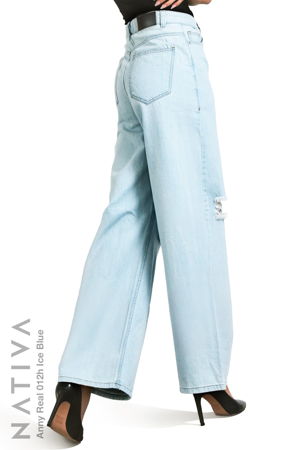 WIDE LEG True Denim Jeans, ANNY REAL 012H ICE BLUE. Talle Alto. 100% Algodón Nativo Virgen. Rígido Auténtico e Interminable. Cintura Ajustable PERFECT FIT®