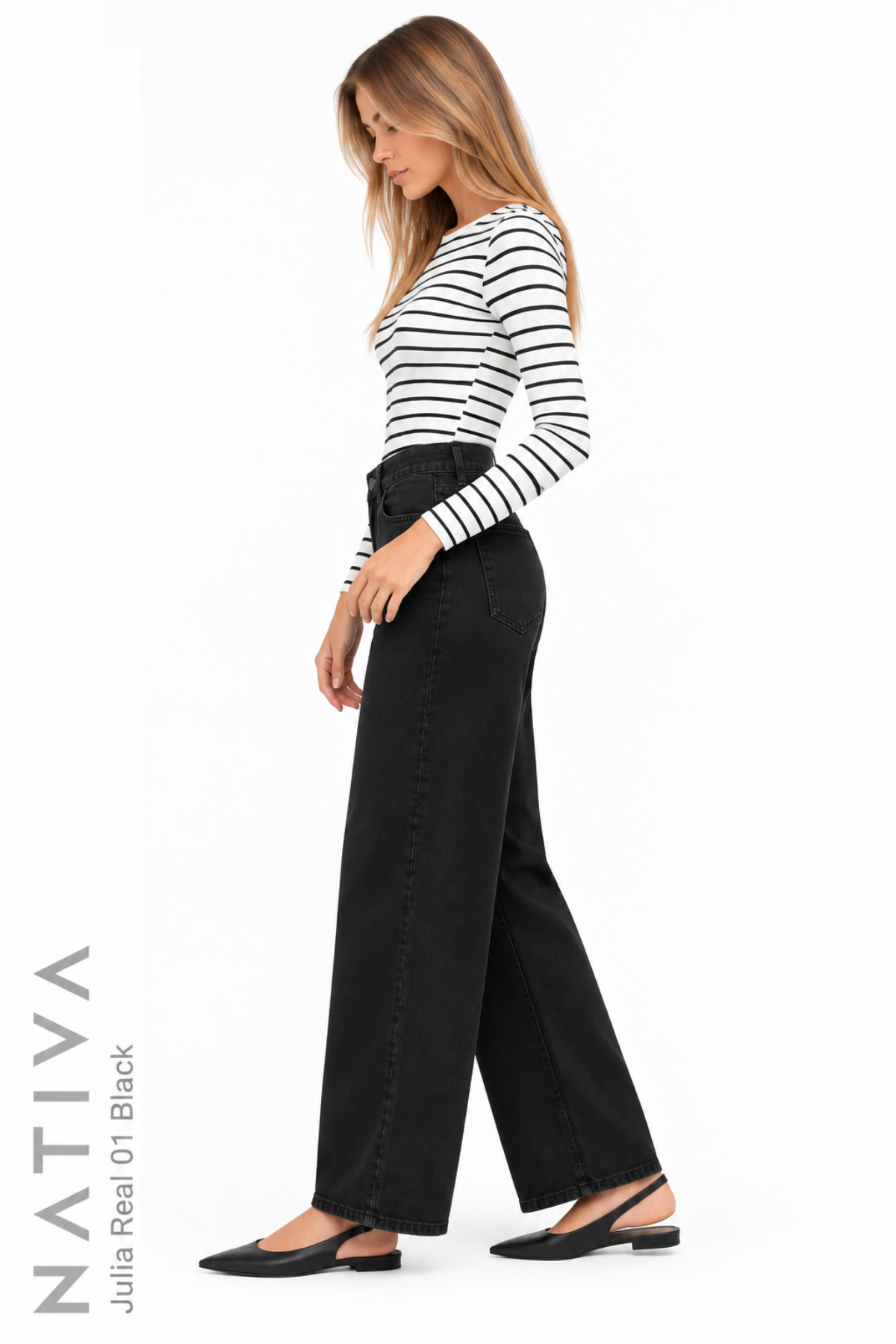 WIDE LEG True Denim Jeans, JULIA REAL 01 BLACK. Talle Alto. 100% Algodón Nativo Virgen. Rígido Auténtico e Interminable. Cintura Ajustable PERFECT FIT®