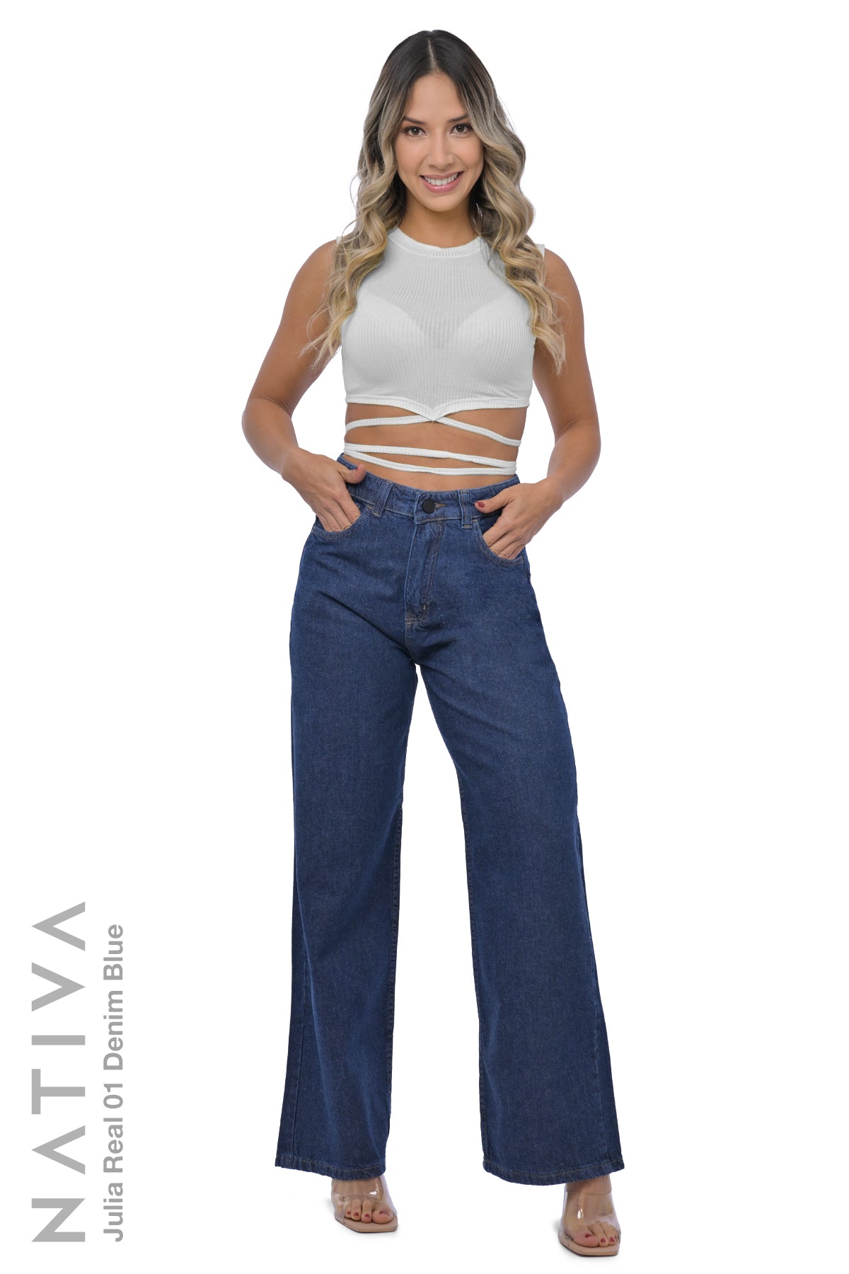 WIDE LEG True Denim Jeans, JULIA REAL 01 DENIM BLUE. Talle Alto. 100% Algodón Nativo Virgen. Rígido Auténtico e Interminable. Cintura Ajustable PERFECT FIT®