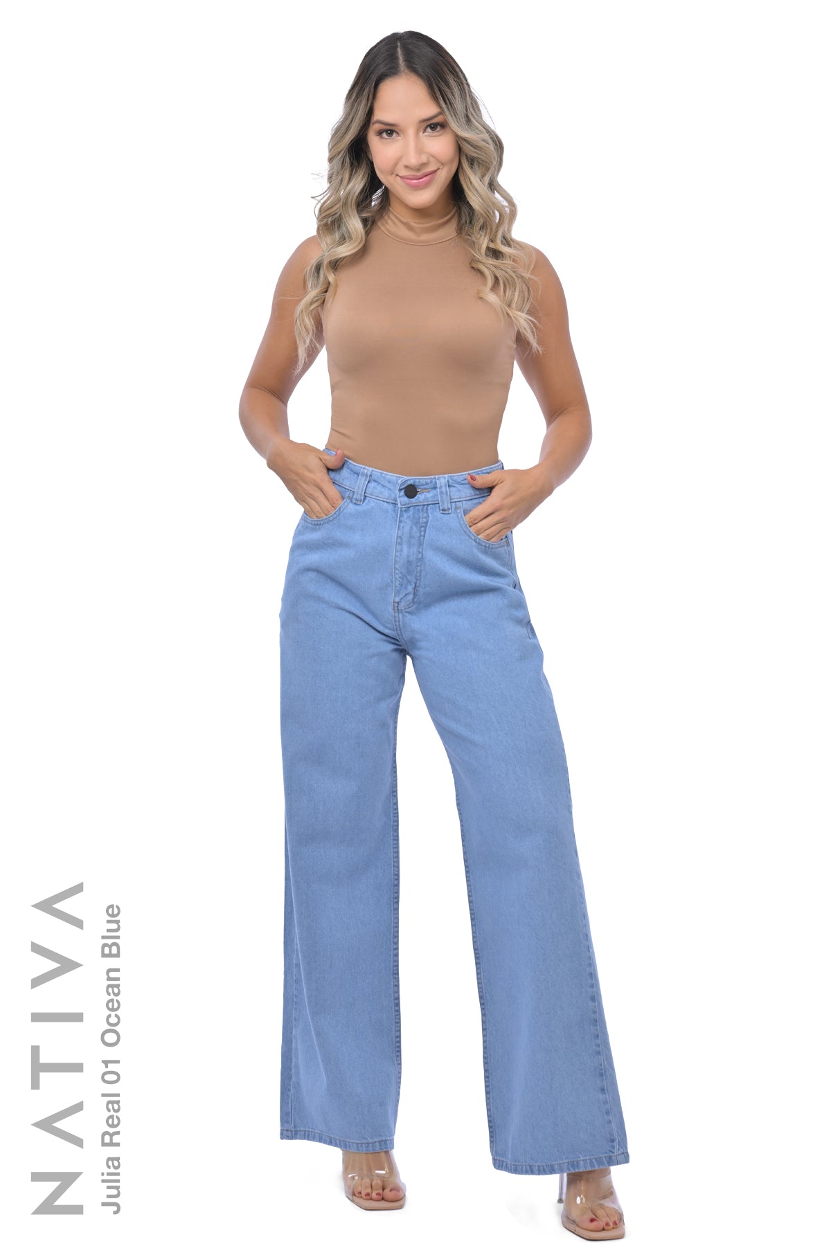 WIDE LEG True Denim Jeans, JULIA REAL 01 OCEAN BLUE. Talle Alto. 100% Algodón Nativo Virgen. Rígido Auténtico e Interminable. Cintura Ajustable PERFECT FIT®