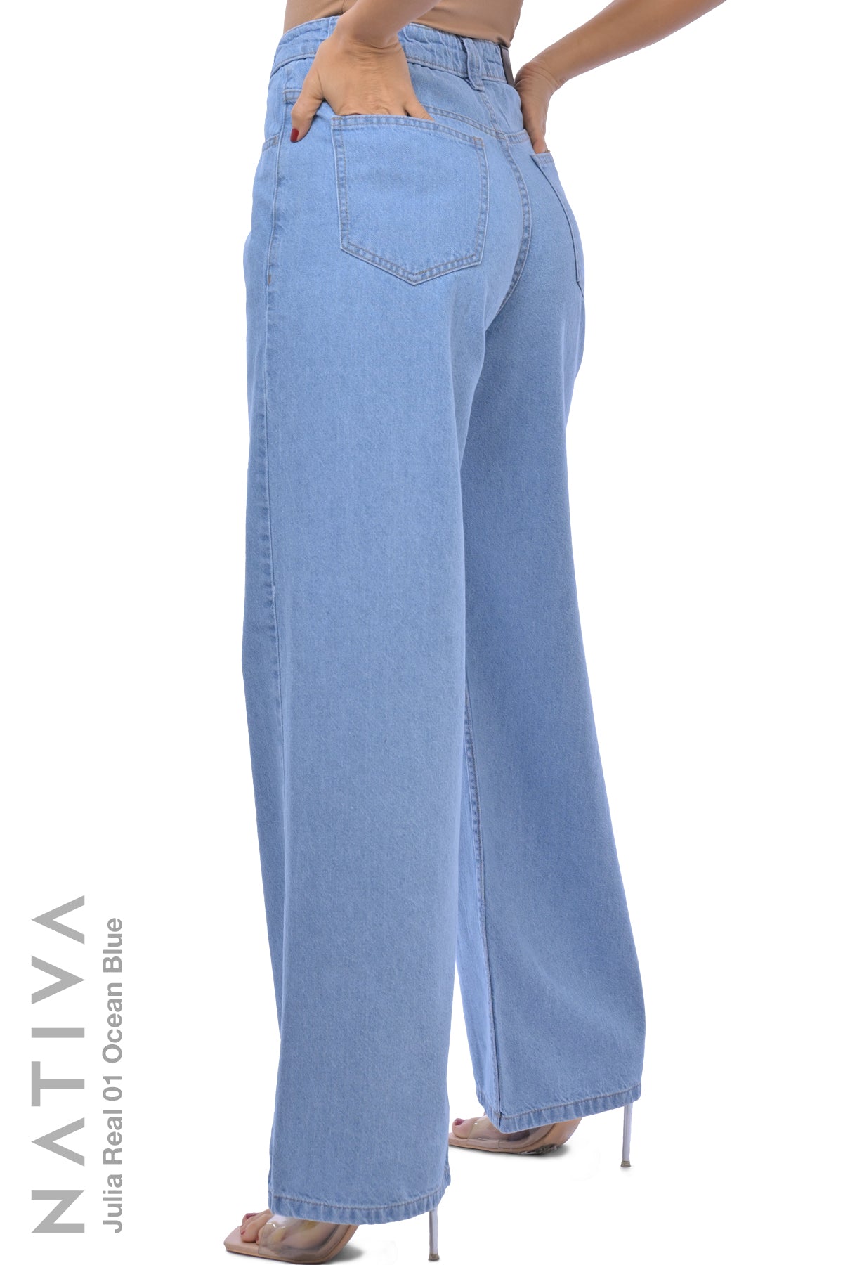 WIDE LEG True Denim Jeans, JULIA REAL 01 OCEAN BLUE. Talle Alto. 100% Algodón Nativo Virgen. Rígido Auténtico e Interminable. Cintura Ajustable PERFECT FIT®