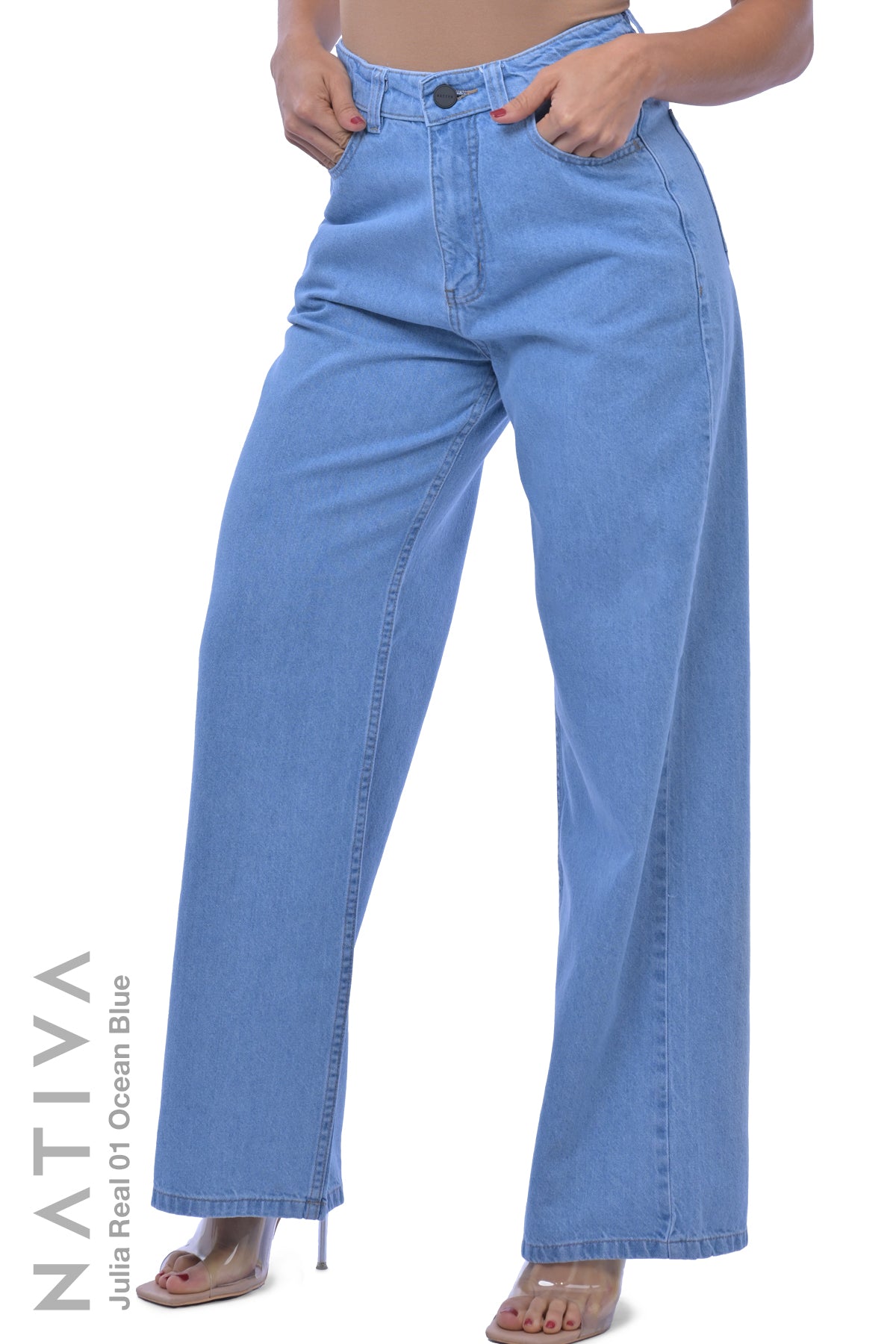 WIDE LEG True Denim Jeans, JULIA REAL 01 OCEAN BLUE. Talle Alto. 100% Algodón Nativo Virgen. Rígido Auténtico e Interminable. Cintura Ajustable PERFECT FIT®