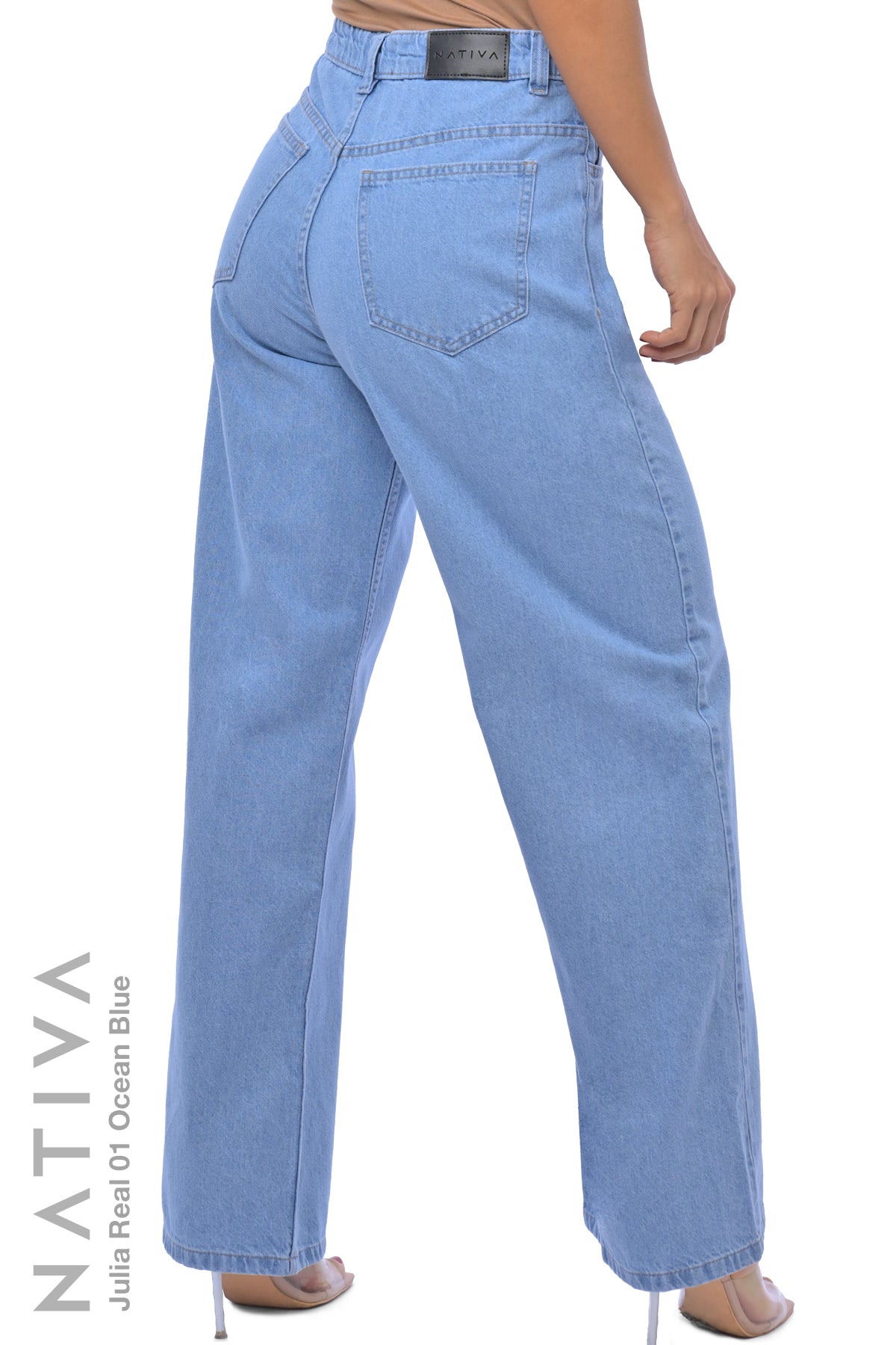 WIDE LEG True Denim Jeans, JULIA REAL 01 OCEAN BLUE. Talle Alto. 100% Algodón Nativo Virgen. Rígido Auténtico e Interminable. Cintura Ajustable PERFECT FIT®