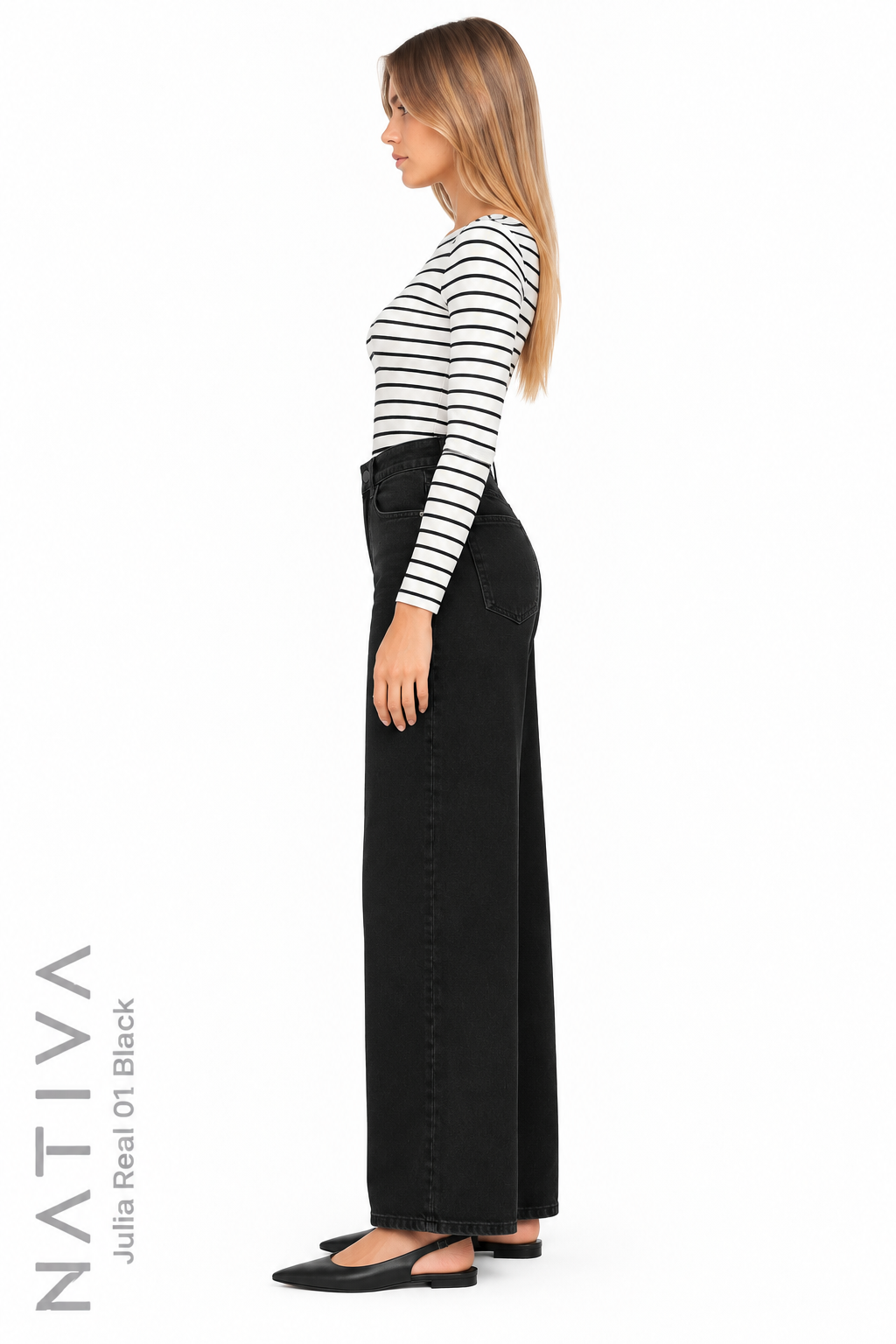 WIDE LEG True Denim Jeans, JULIA REAL 01 BLACK. Talle Alto. 100% Algodón Nativo Virgen. Rígido Auténtico e Interminable. Cintura Ajustable PERFECT FIT®