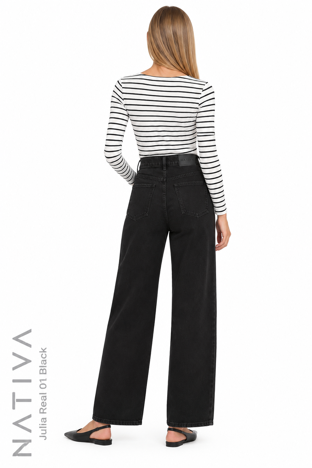 WIDE LEG True Denim Jeans, JULIA REAL 01 BLACK. Talle Alto. 100% Algodón Nativo Virgen. Rígido Auténtico e Interminable. Cintura Ajustable PERFECT FIT®