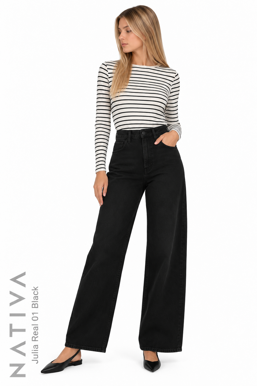 WIDE LEG True Denim Jeans, JULIA REAL 01 BLACK. Talle Alto. 100% Algodón Nativo Virgen. Rígido Auténtico e Interminable. Cintura Ajustable PERFECT FIT®