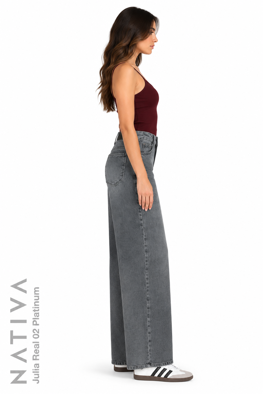 WIDE LEG True Denim Jeans, JULIA REAL 02 PLATINUM Talle Alto. 100% Algodón Nativo Virgen. Rígido Auténtico e Interminable. Cintura Ajustable PERFECT FIT®