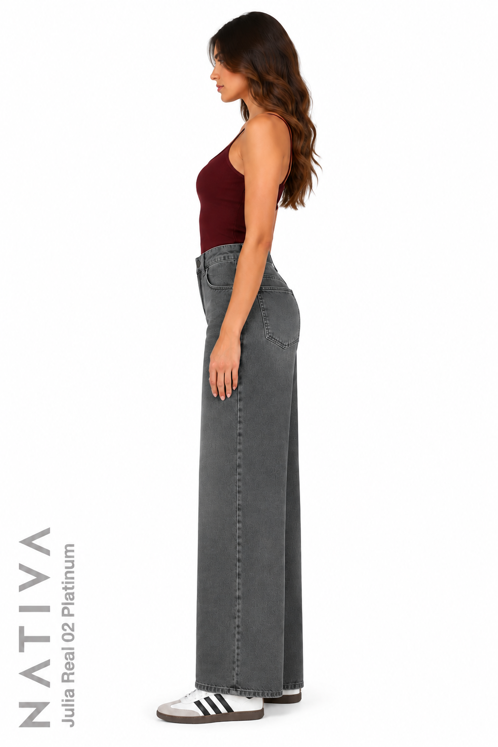WIDE LEG True Denim Jeans, JULIA REAL 02 PLATINUM Talle Alto. 100% Algodón Nativo Virgen. Rígido Auténtico e Interminable. Cintura Ajustable PERFECT FIT®