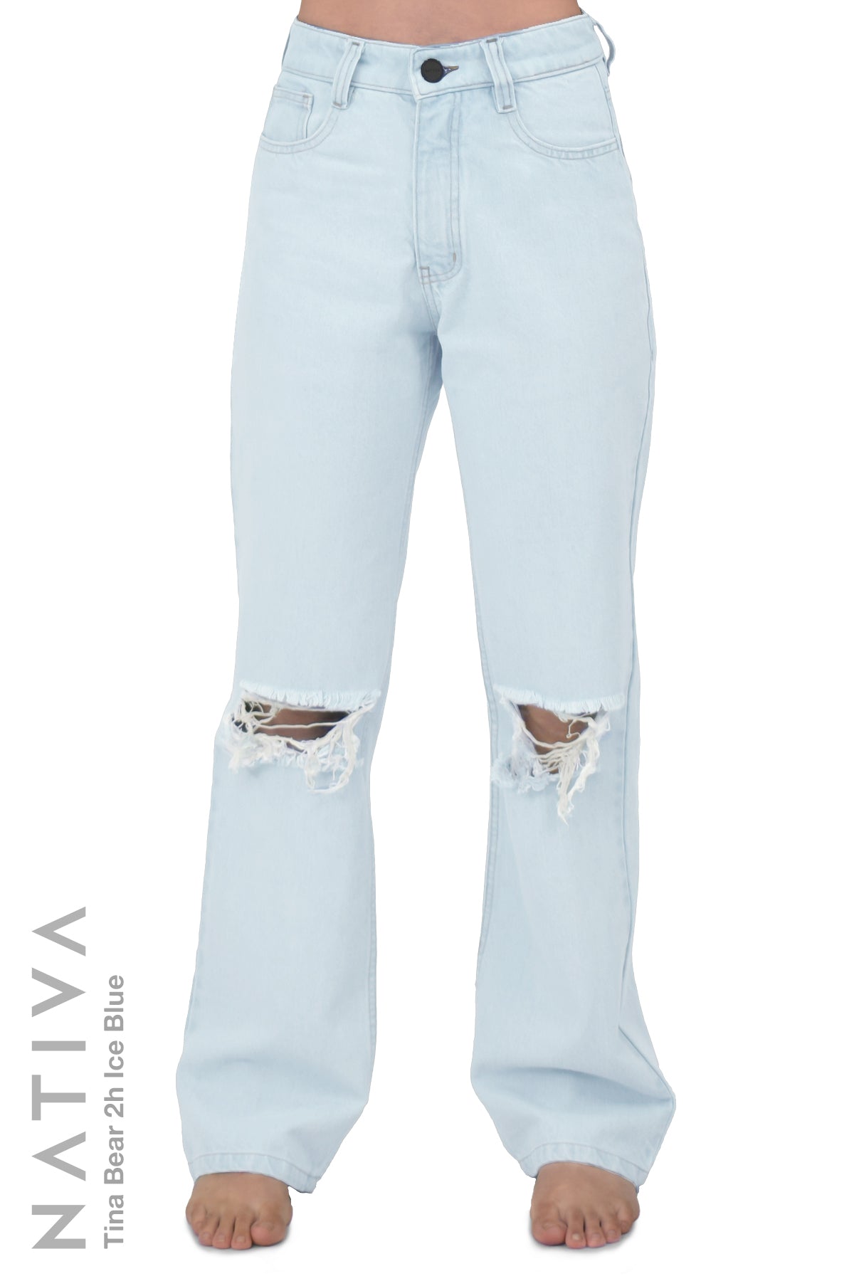 STRAIGHT JEANS, TINA BEAR 02H ICE BLUE. Talle Alto. Alto Confort. 100% Algodón Nativo Virgen. Rígido Auténtico e Interminable. Cintura Ajustable PERFECT FIT®