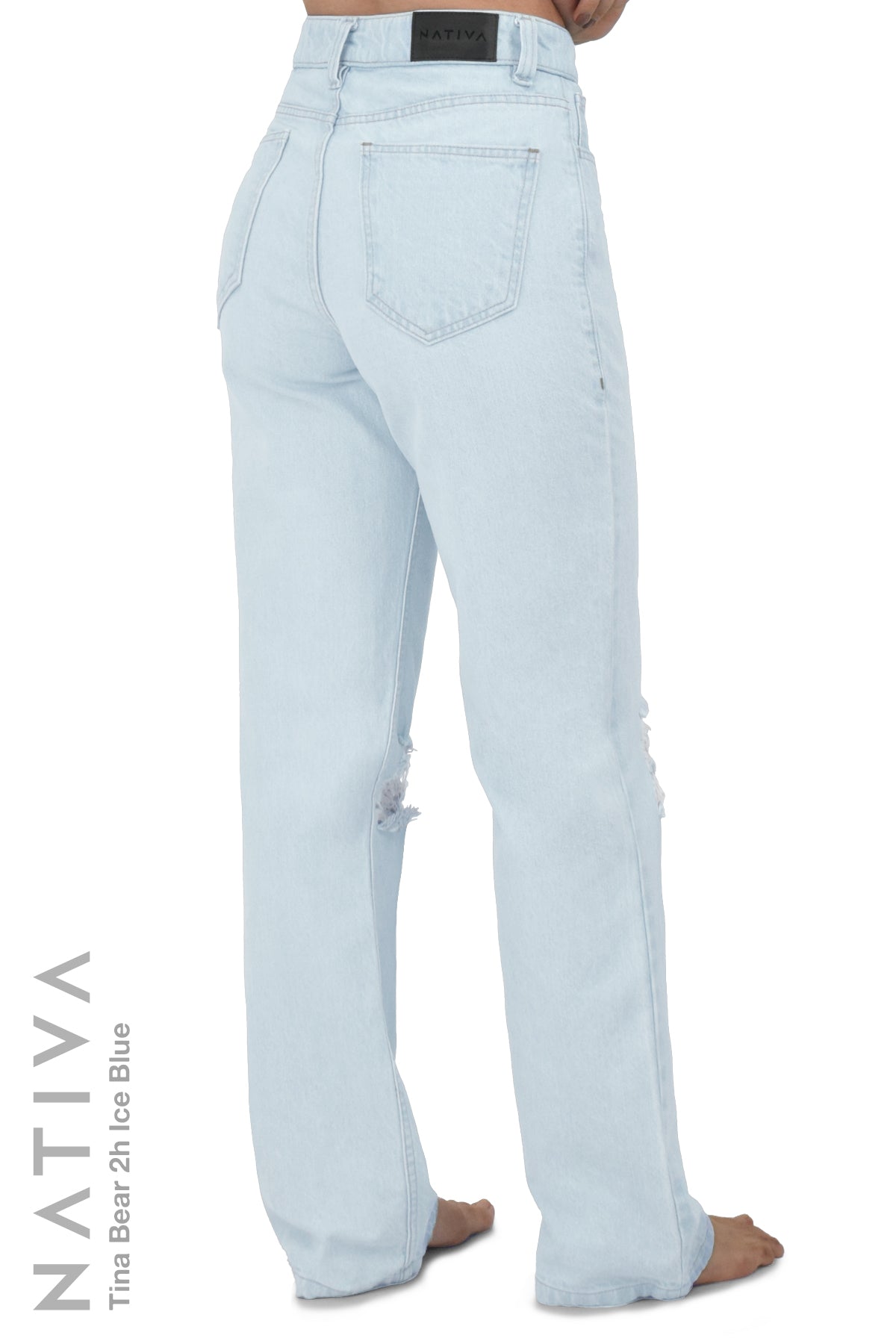 STRAIGHT JEANS, TINA BEAR 02H ICE BLUE. Talle Alto. Alto Confort. 100% Algodón Nativo Virgen. Rígido Auténtico e Interminable. Cintura Ajustable PERFECT FIT®