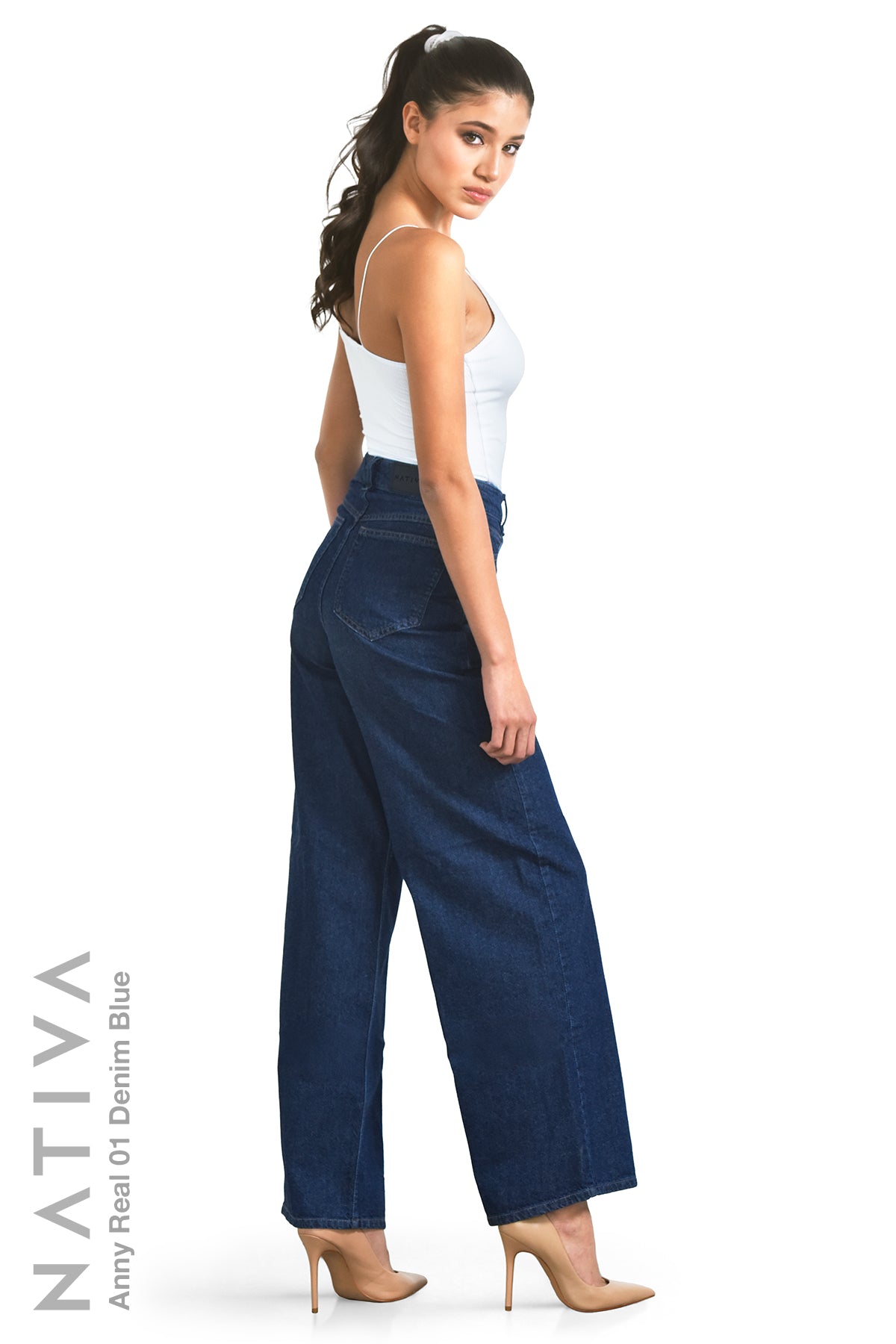 WIDE LEG True Denim Jeans, ANNY REAL 01 DENIM BLUE. Talle Alto. 100% Algodón Nativo Virgen. Rígido Auténtico e Interminable. Cintura Ajustable PERFECT FIT®