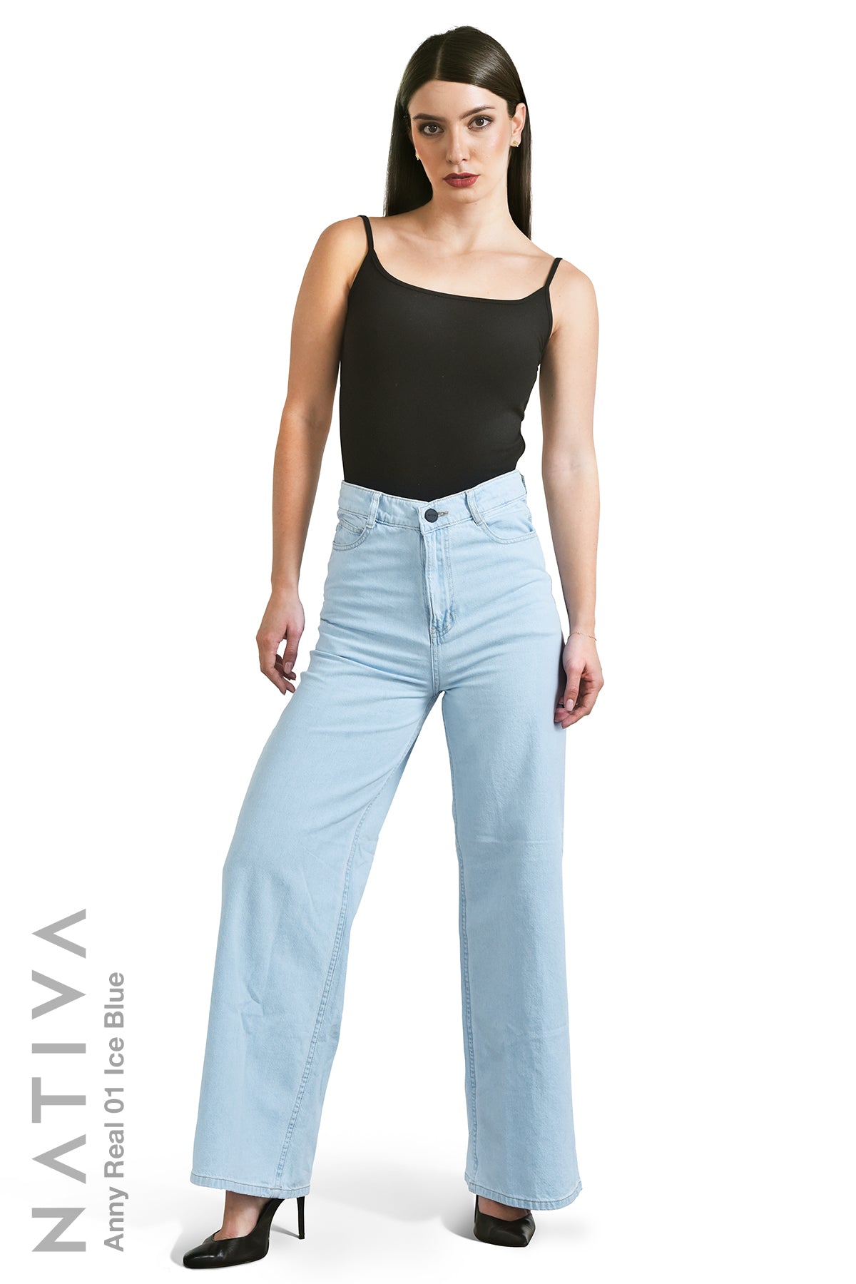 WIDE LEG True Denim Jeans, ANNY REAL 01 ICE BLUE. Talle Alto. 100% Algodón Nativo Virgen. Rígido Auténtico e Interminable. Cintura Ajustable PERFECT FIT®