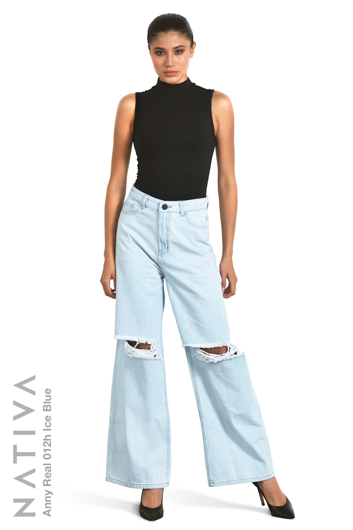 WIDE LEG True Denim Jeans, ANNY REAL 012H ICE BLUE. Talle Alto. 100% Algodón Nativo Virgen. Rígido Auténtico e Interminable. Cintura Ajustable PERFECT FIT®